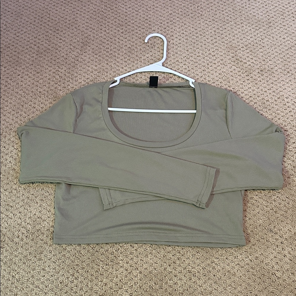 Olive Green Long Sleeve Crop Top